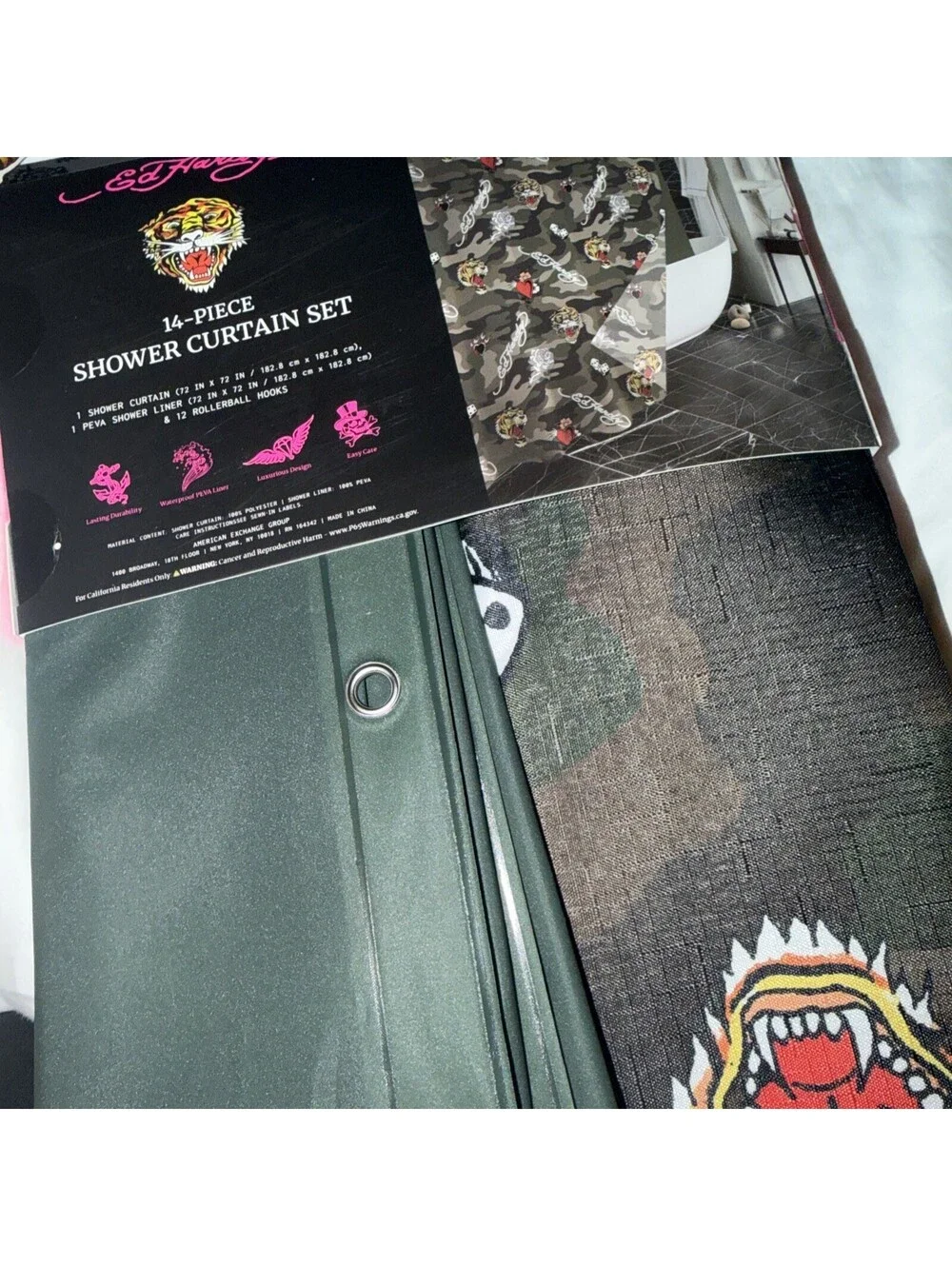 New ED HARDY  14-Piece Shower Curtain Set Tiger Camo Dice American Tattoo Art
